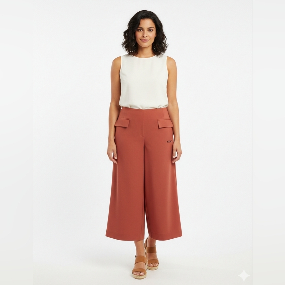 NYC Women's Rust Culottes Wide Legs, imitation front pouch and missing belt.